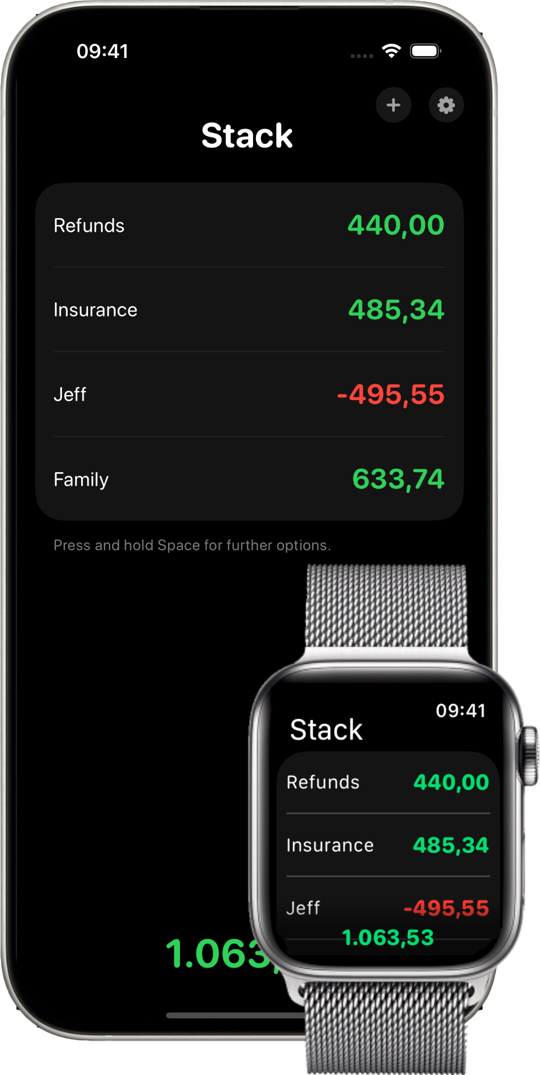 Stack on iPhone showing categorised debts, with a matching summary on Apple Watch